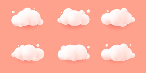 white 3d realistic clouds set isolated on a pink pastel background. Render soft round cartoon fluffy clouds icon in the  sky. 3d geometric shapes vector illustration