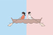 Man and woman in boat row in different direction, not reach goal. Stubborn couple in ship sail in opposite way. Getting nowhere concept. Conflict of interest, breakup, split. Flat vector illustration.