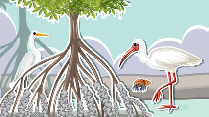 Wall Mural - Thumbnail design with animals in mangrove