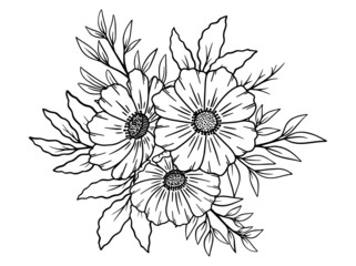 Flowers Line Art Sublimation. Hand drawn flower sketch line art illustration