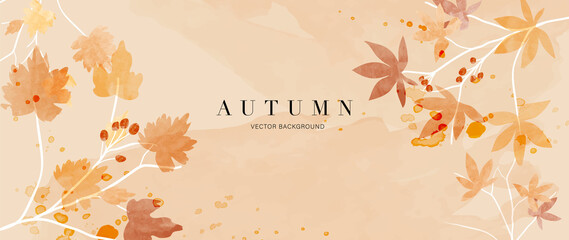 autumn background vector. hand painted watercolor and gold brush texture, flower and botanical leave