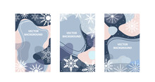 Winter Abstract Poster Set In Modern Hipster Style.Trendy Contemporary Art With Snowflakes. Vector Illustration