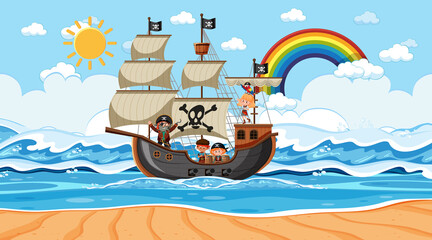 Wall Mural - Beach with Pirate ship at daytime scene in cartoon style