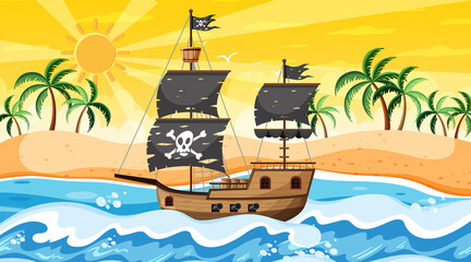 Wall Mural - Ocean with Pirate ship at sunset time scene in cartoon style