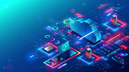 Leinwandbilder - Cloud technology. digital data synchronization with data storage through internet. Computer technology abstract isometric 3d rendering animation. Server IOT in datacenter communication with devices.