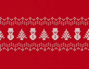 Poster - Knit seamless pattern. Christmas red background with tree and snowman. Knitted sweater print. Xmas geometric border. Holiday fair isle traditional texture. Festive winter ornament. Vector illustration