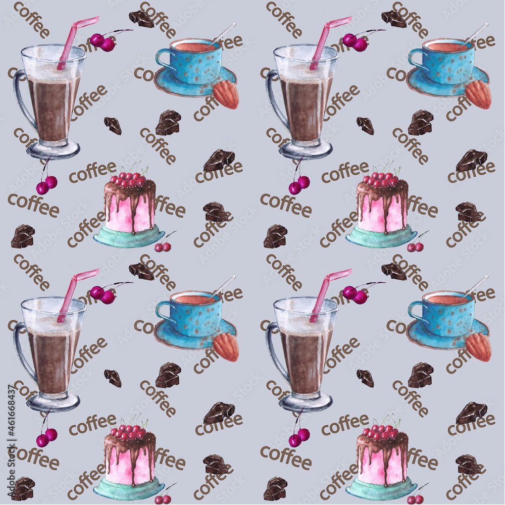 Watercolor hand drawn Coffee pattern, Seamless coffee cup and beans ...
