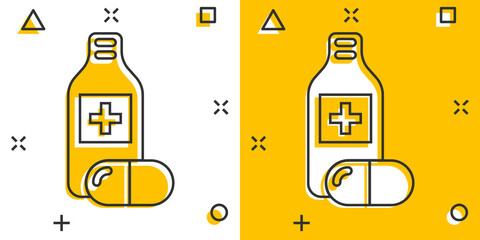 Wall Mural - Pill bottle icon in comic style. Drugs cartoon vector illustration on white isolated background. Pharmacy splash effect business concept.