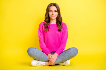 Poster - Full body photo of young attractive girl happy positive smile sit floor lotus pose isolated over yellow color background