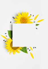 Fotomurales - Flat lay Sunflower mockup. Beautiful fresh yellow sunflower, green leaves, petals, blank sheet of paper on light gray background top view copy space. Flower card, wallpaper. Harvest time, agriculture