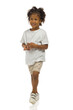 Small black boy in shorts and shirt is looking away. Full length, isolated.