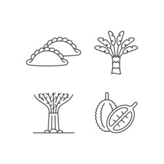 Wall Mural - Plants in Singapore linear icons set. Traveller palm. Supertree grove. Curry puff. Singaporean cuisine. Customizable thin line contour symbols. Isolated vector outline illustrations. Editable stroke