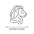 Lion head symbol linear icon. Singapore national animal. Official mascot. Merlion statue. Thin line customizable illustration. Contour symbol. Vector isolated outline drawing. Editable stroke