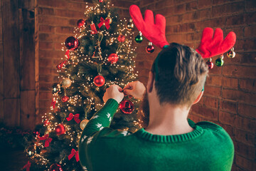 Wall Mural - Rear back view photo of guy hang glass bauble evergreen tree wear reindeer headband sweater decorated home indoors