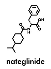 Sticker - Nateglinide diabetes drug molecule. Skeletal formula.