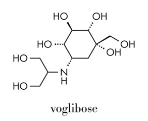 Sticker - Voglibose diabetes drug molecule. Skeletal formula.