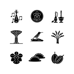 Sticker - Singapore identity black glyph icons set on white space. Native trees and flowers. Singaporean cuisine. Folk music. Fragrance product. Coin design. Silhouette symbols. Vector isolated illustration