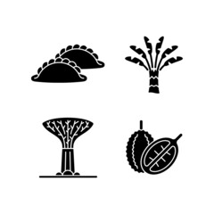 Poster - Plants in Singapore black glyph icons set on white space. Traveller palm. Supertree grove. Curry puff. Singaporean cuisine. Durian tropical fruit. Silhouette symbols. Vector isolated illustration