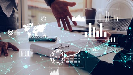 Conceptual vision of business people in corporate staff meeting . Concept of digital technology for marketing data analysis and investment decision making .