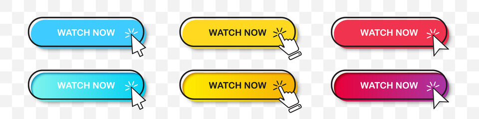 Aufkleber - Watch Now buttons collection with cursor pointer in two styles. Flat design and gradient with shadow. Set of digital web button on a transparent background
