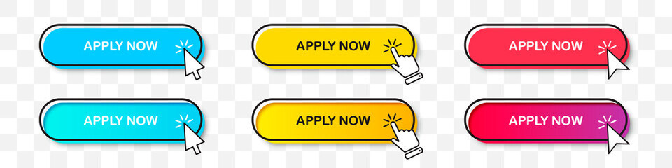 Leinwandbilder - Apply Now buttons collection with cursor pointer in two styles. Flat design and gradient with shadow. Set of digital web button on a transparent background