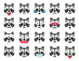 Wall Mural - Racoon emoticon smile icons collection. Cartoon racoon emoji set. Vector emoticon set