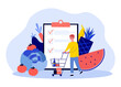 Customer buying food products with checklist. Tiny man with supermarket trolley flat vector illustration. Shopping list app for grocery store concept for banner, website design or landing web page