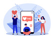 Happy followers giving likes to viral content of influencer. Tiny people holding heart in hand flat vector illustration. Loyalty of blog audience concept for banner, website design or landing web page