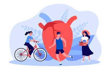 Wall Mural - daily activity of tiny people near big heart. persons cycling, running, eating farm food flat vector