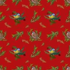 Colorful digital pattern with forest birds, Christmas branches . Red background.