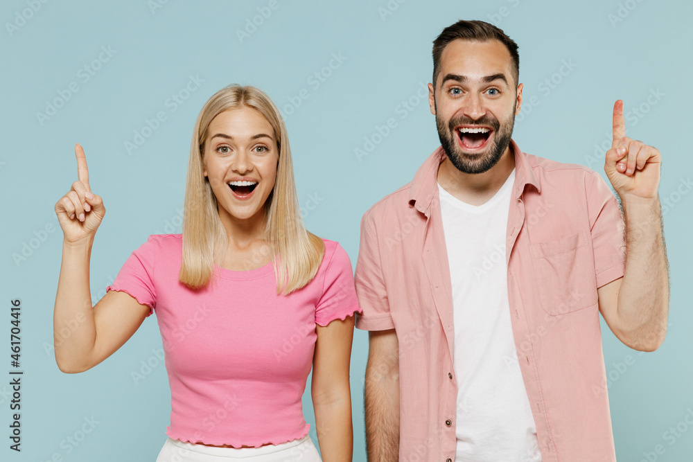 Young insighted smart couple two friends family man woman in casual ...