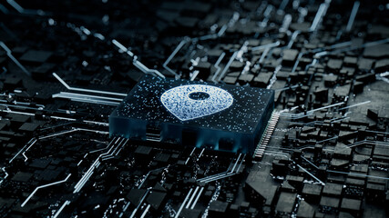 Location Technology Concept with map pin symbol on a Microchip. Data flows from the CPU across a Futuristic Motherboard. 3D render.