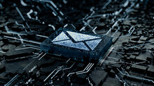 Email Technology Concept With Envelope Symbol On A Microchip. Data Flows From The CPU Across A Futuristic Motherboard. 3D Render.