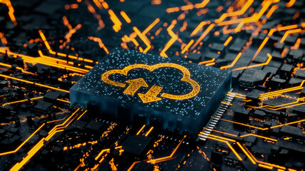 Data storage Technology Concept with cloud symbol on a Microchip. Data flows from the CPU across a Futuristic Motherboard. 3D render.