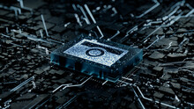 Photo Technology Concept With Camera Symbol On A Microchip. Data Flows From The CPU Across A Futuristic Motherboard. 3D Render.