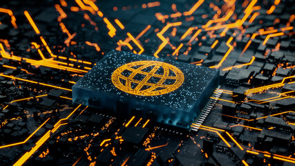 Internet Technology Concept with web symbol on a Microchip. Data flows from the CPU across a Futuristic Motherboard. 3D render.
