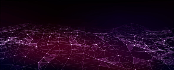Abstract vector technology wave of particles. Big data visualization. Background with motion dots and lines. Artificial intelligence.
