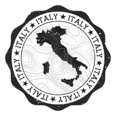 Wall Mural - Italy outdoor stamp. Round sticker with map of country with topographic isolines. Vector illustration. Can be used as insignia, logotype, label, sticker or badge of the Italy.