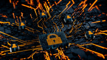 Security Technology Concept With Lock Symbol On A Microchip. Orange Neon Data Flows Between Users And The CPU Across A Futuristic Motherboard. 3D Render.