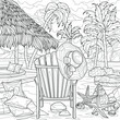 © Екатерина Власенко - Sunbed by the sea near the bungalows and palm trees. Landscape.Coloring book antistress for children and adults. Illustration isolated on white background.Zen-tangle style. Hand draw