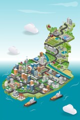 view of buildings and housing with farm in isometric illustration map