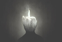 Illustration of candle wax human head melting, surreal abstract concept