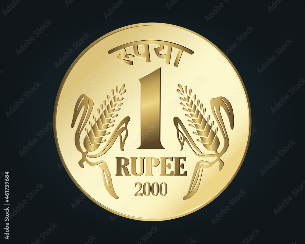 one rupee coin,  golden rupee icon isolated on dark background, realistic vector symbol