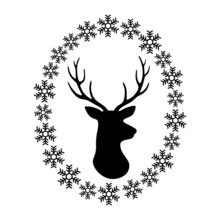 Silhouette Of Deer Head And Antlers And Snowflake Frame. Christmas Reindeer. Vector Illustration. Isolated On White Background.