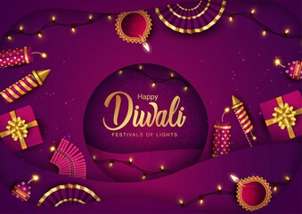 Indian festival Happy Diwali with Diwali props, holiday Background, Diwali celebration greeting card, vector illustration design.