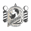 © zfmbek - Barbershop logo, poster or banner design concept with barber pole and bearded men. Vector illustration