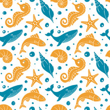 Cute Seamless Pattern With Sea Creatures. Hand Drawn Textured Seahorse, Fish, Whale, Starfish And Shell. Vector Shabby Underwater World  Illustration For Baby Shower Or Party Design