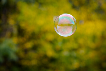 Wall Mural - multicolored soap bubble on a yellow background. Soap bubble. Isolated on yellow, autumn colors. reflex, detailed, close-up. multi-colored ball flies. holiday concept, childhood. close-up