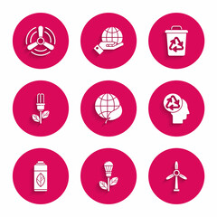 Sticker - Set Earth globe and leaf, Light bulb with, Wind turbine, Human head recycle, Recycling plastic bottle, Recycle symbol and icon. Vector