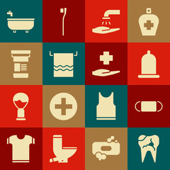 Sticker - Set Broken tooth, Medical protective mask, Condom, Washing hands with soap, Towel hanger, Medicine bottle, Bathtub and Cross hospital medical icon. Vector